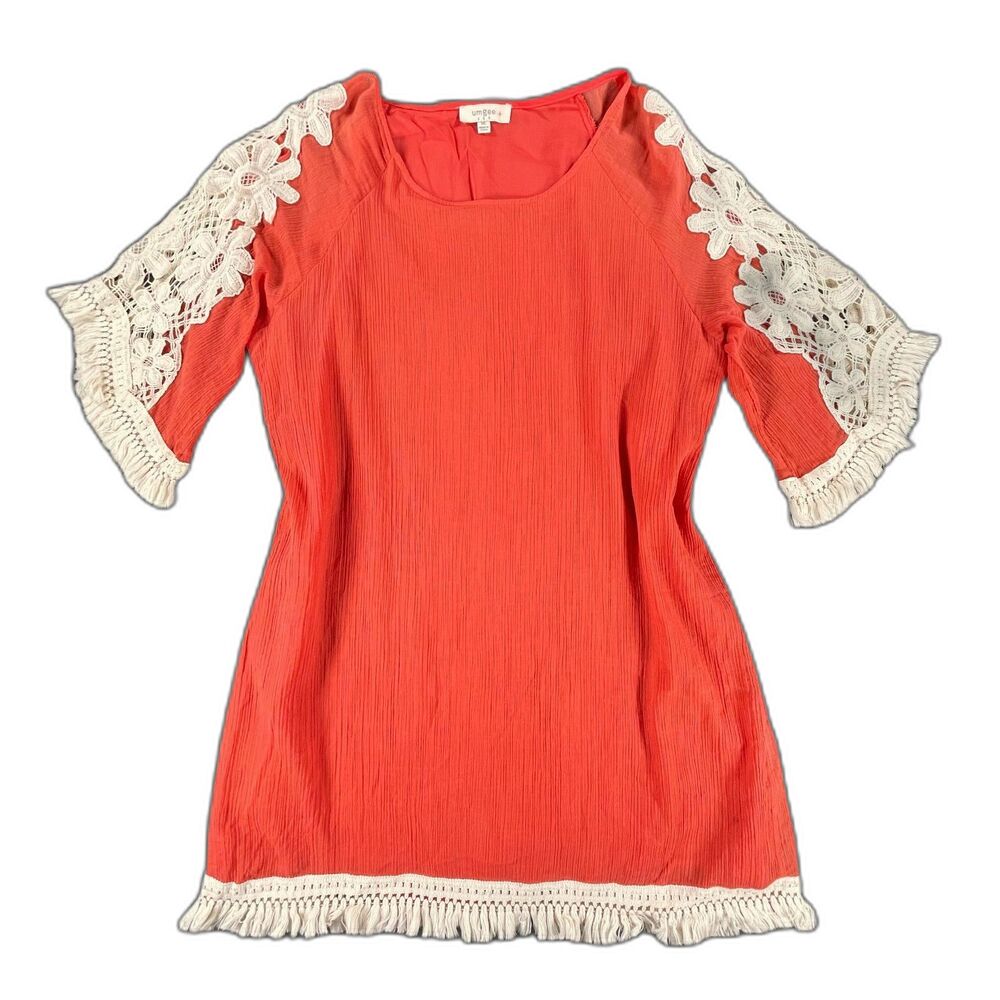Umgee Boho Crochet Lace Fringe Tunic Dress 1XL Coral Orange Coral Cruise Resort